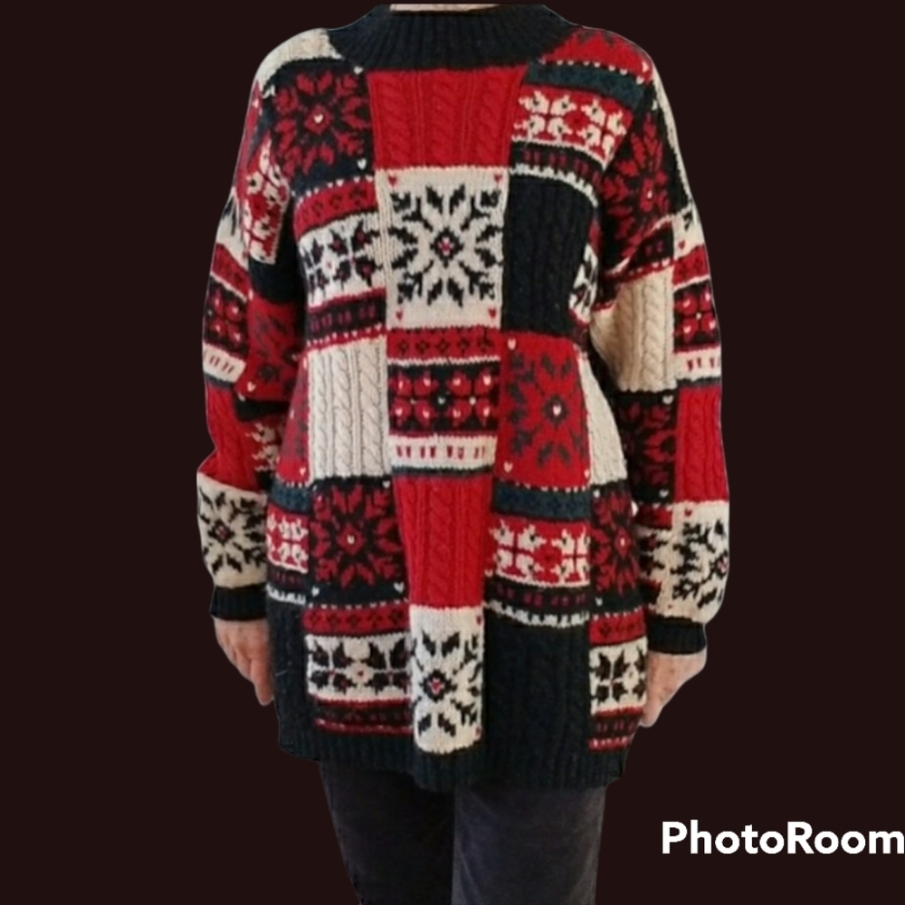 VTG Prides Landing Women WOOL Winter, Snowflake KNIT Patchwork Sweater - Picture 2 of 14